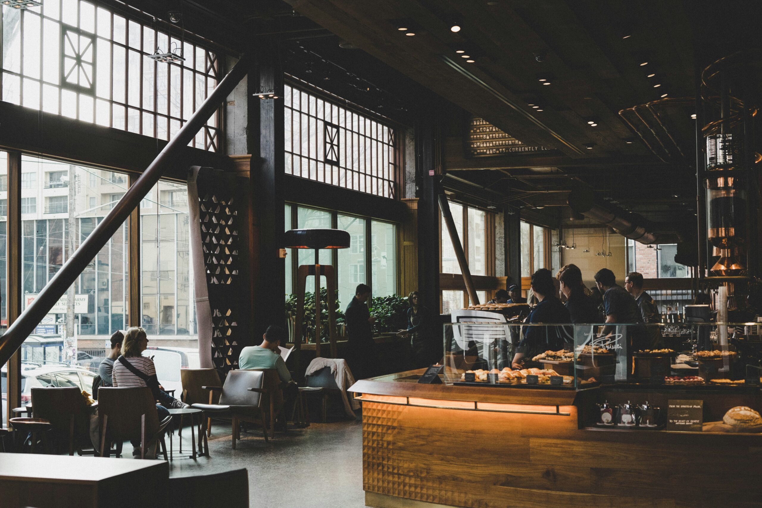 picture of the inside of a industrial style cafe